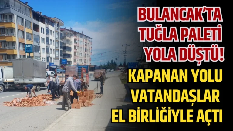 Bulancak’ta tuğla paleti yola düştü! Kapanan yolu vatandaşlar açtı